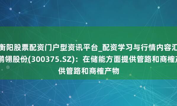 衡阳股票配资门户型资讯平台_配资学习与行情内容汇总 鹏翎股份(300375.SZ)：在储能方面提供管路和商榷产物